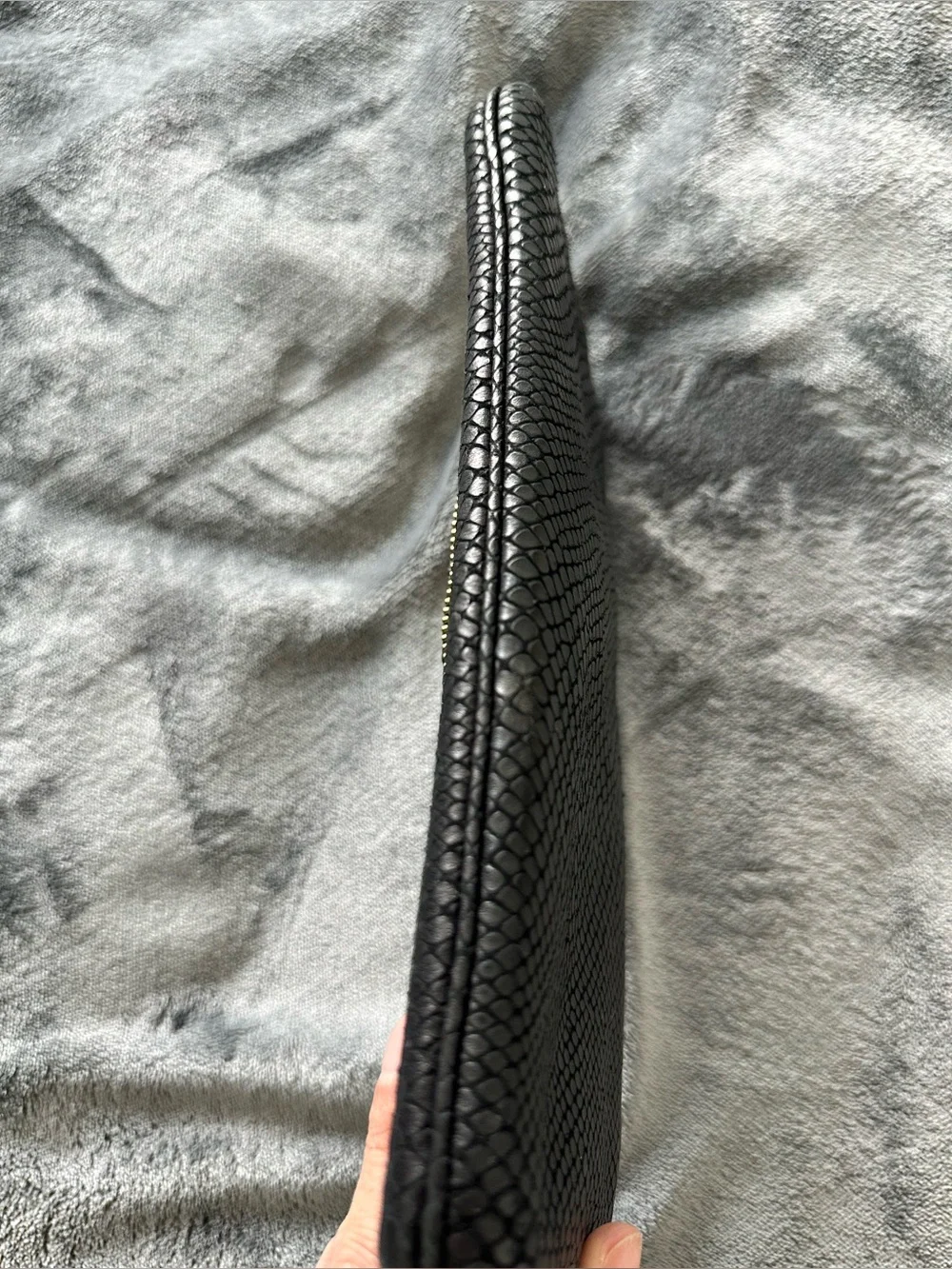 Lauren Merkin Black Snake Embossed Leather Foldover Clutch Gold Zip